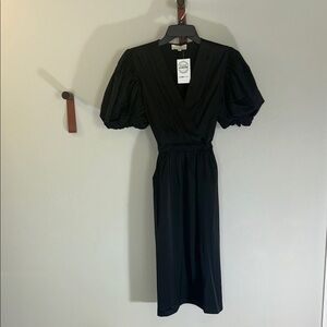 Pinch Boutique Black Midi Satin Dress with Puff Sleeves, pockets and tie waist.